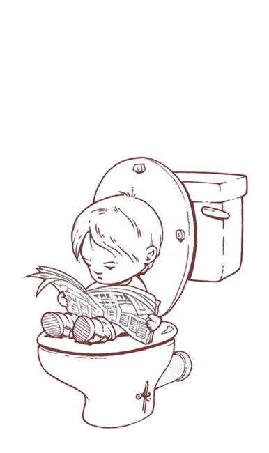 Child sitting on toilet reading the newspaper - Ainsley Knott