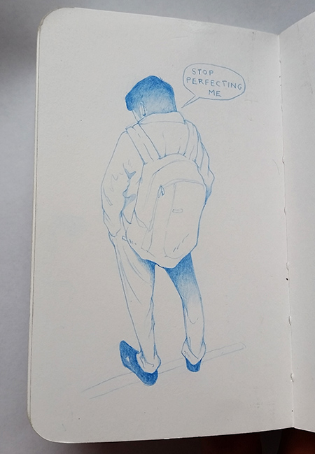 Train sketch of man with backpack