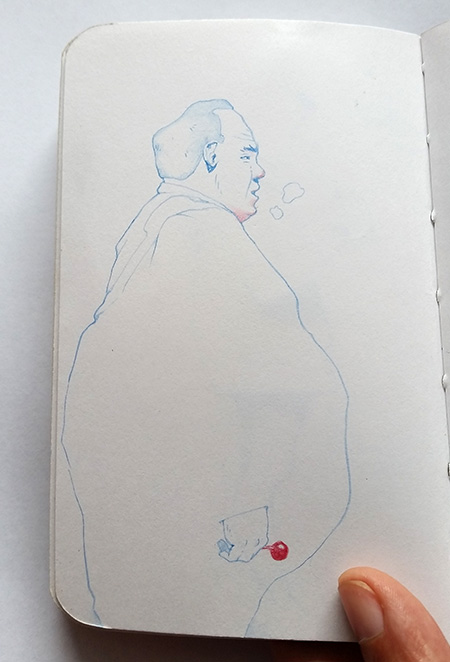 Train sketch of fat man with lollypop
